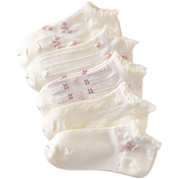 Byfri 5 Pairs Cartoon Floral Short Socks Polyester Breathable Casual Socks for Women Spring Autumn Style2