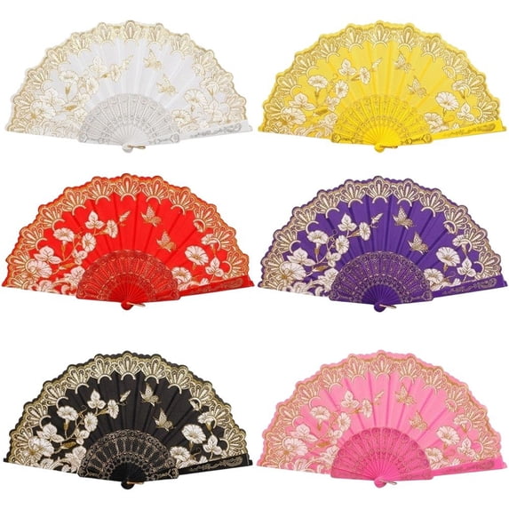 Byfri 6 Pack Butterfly Floral Vintage Folding Hand Fans Chinese Style Handheld Fans for Dance Parties 43x23cm