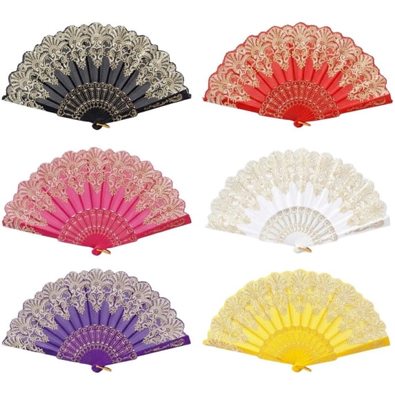 Byfri 6 Pack Gold Trim Floral Folding Hand Fans Clacking Handheld Fans for Line Dancing Weddings 43x24cm