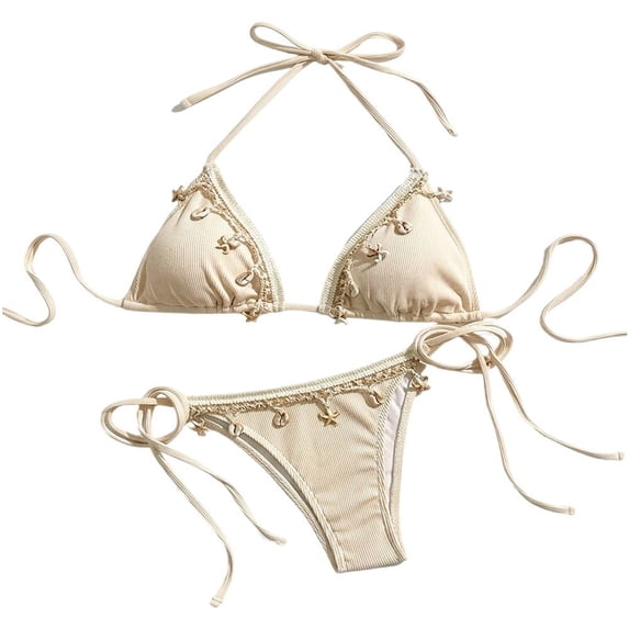 Byfri Adjustable Halter Triangle Bikini Set, Lightweight Two-Piece Swimsuit for Women Summer Vacation, Beige L