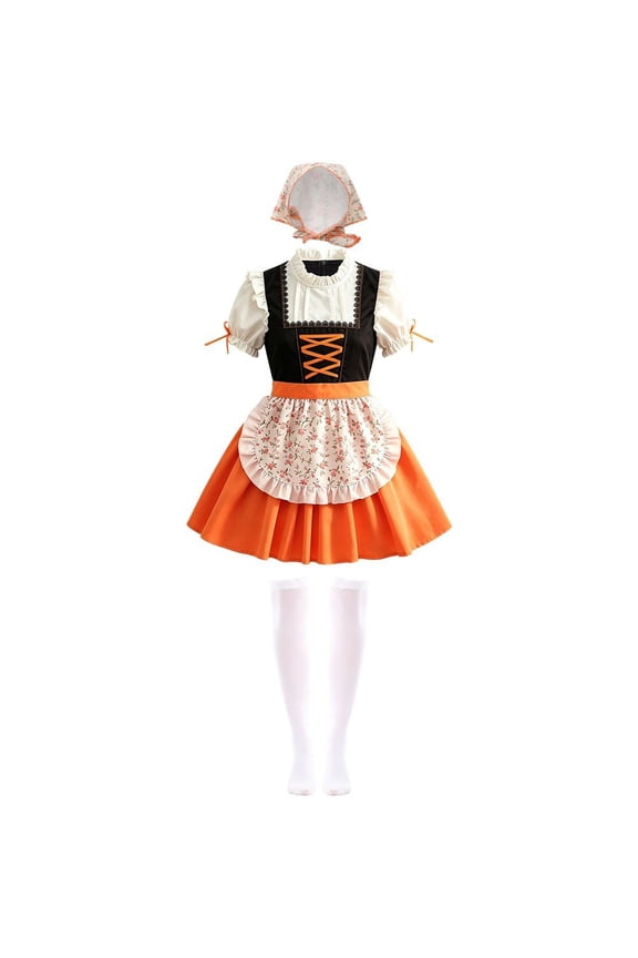 Bavarian Style Dirndl Outfit Orange Polyester L Size with Apron Headscarf for Beer Festivals and Celebrations