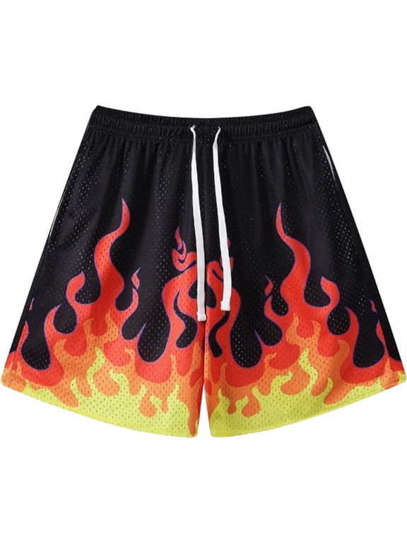Black Flame Print Mesh Basketball Shorts Men's Quick Dry Athletic Shorts for Workout Size L