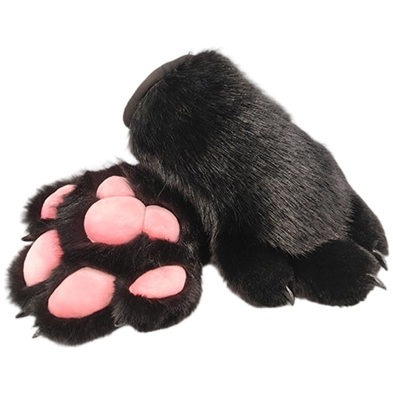 Byfri Black Furry Cat Paw Full Finger Mittens, Plush Animal Gloves for Themed Festivities, Black 32x24cm