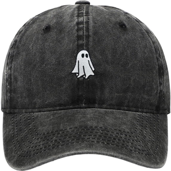 Byfri Black Halloween Ghost Embroidered Baseball Hat 56-62cm Adjustable Washed Cotton Dad Cap