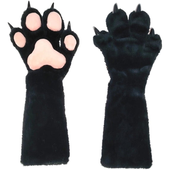 Byfri Black Pink Furry Animal Paw Gloves 40x15cm Warm Plush Mittens for Winter Festive Events
