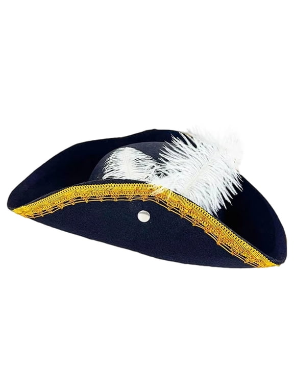 Black Pirate Tricorn Hat with Gold Trim, Colonial Tri-Corner Headwear for Themed Gatherings, Style 2 37x33cm