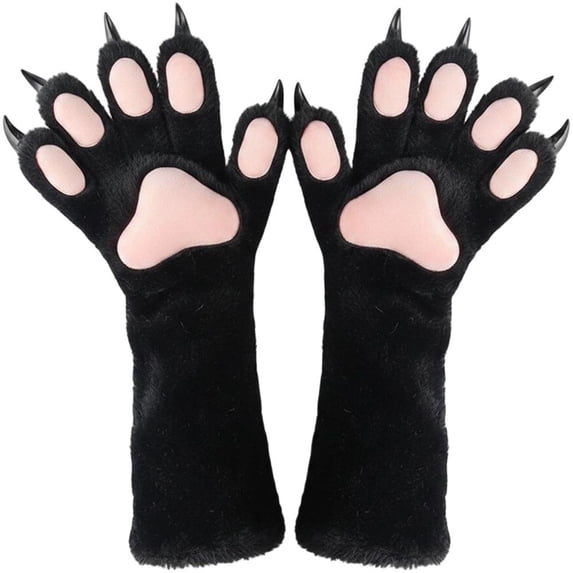 Byfri Black Plush Cat Claw Gloves, Cartoon Kitten Paw Full Finger Mittens for Themed Events, Black One Size 40x15cm