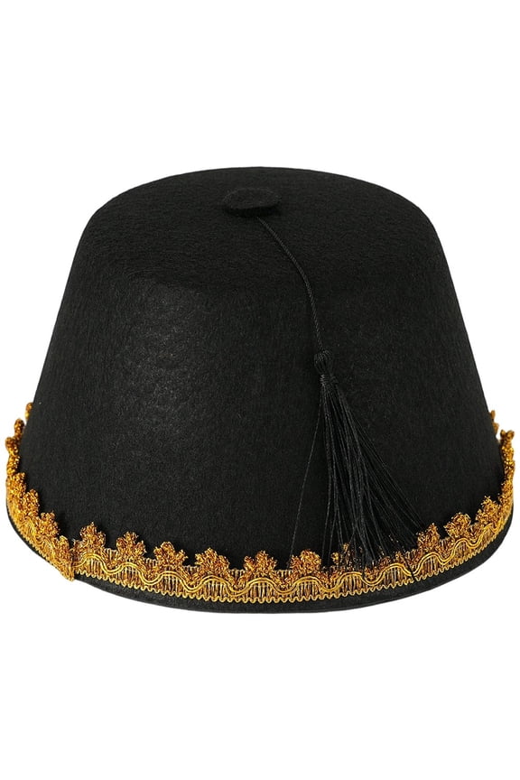 Black Turkish Fez Hat, Traditional Moroccan Style Felt Cap for Men Women Themed Events, Black 19.5x19.5x12cm