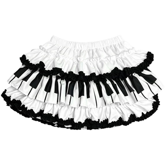 Byfri Black White Piano Pleated Mini Skirt, Y2k Elastic Waist Lolita Ruffle Puffy Skirt, S(US4)