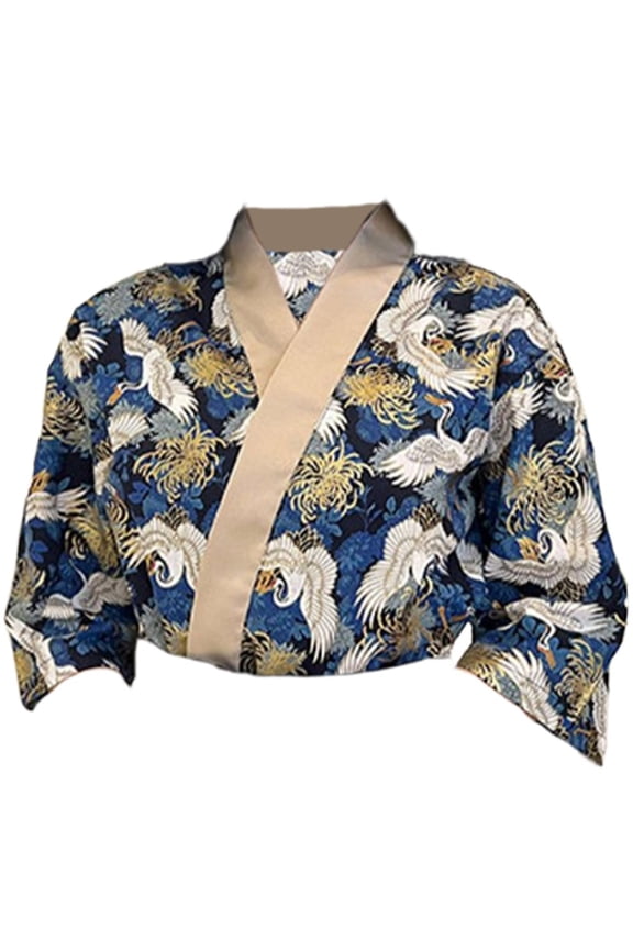 Blue Crane Print Sushi Chef Kimono Jacket, Polyester Japanese Restaurant Work Uniform, M
