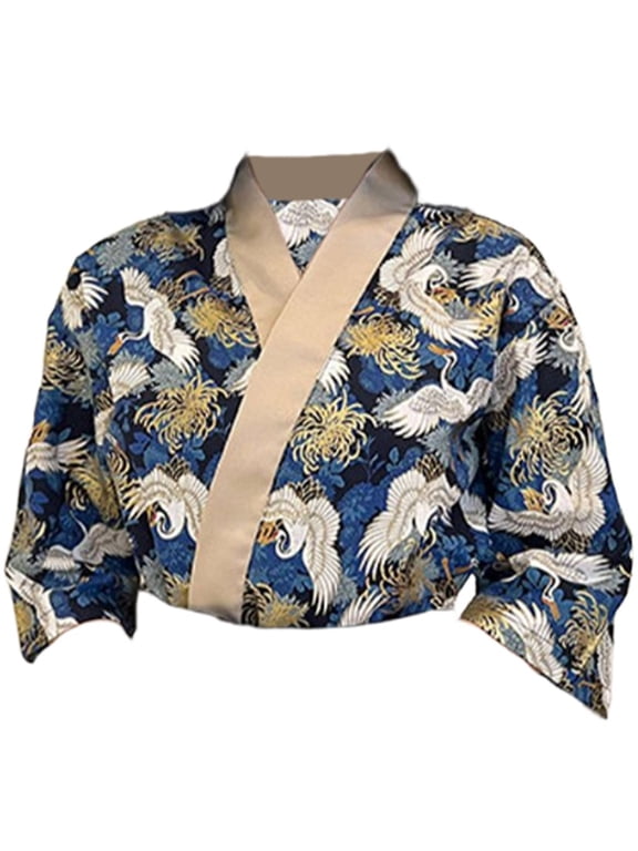 Blue Crane Print Sushi Chef Kimono Jacket, Polyester Japanese Restaurant Work Uniform, XL