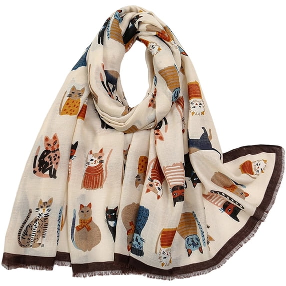 Byfri Cat Animal Print Fringed Shawl Scarf Beige 180x85cm Soft Wrap Travel Sun Protection for Women