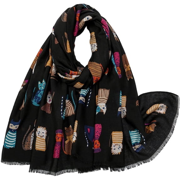 Byfri Cat Animal Print Fringed Shawl Scarf Black 180x85cm Soft Wrap Travel Sun Protection for Women