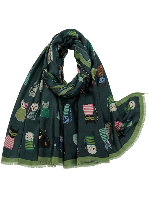 Cat Animal Print Fringed Shawl Scarf Green 180x85cm Soft Wrap Travel Sun Protection for Women