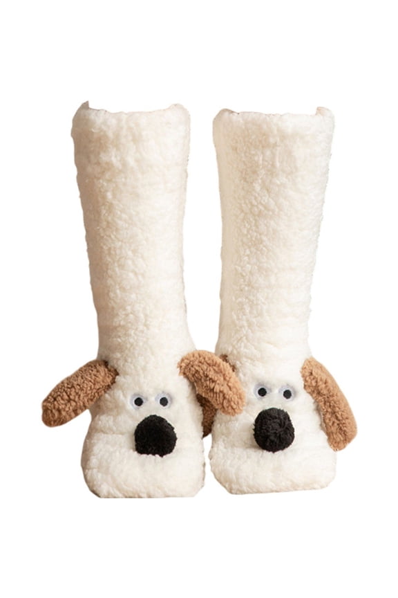 Coral Fleece Fluffy Floor Socks White Non-Slip Warm Slipper Socks for Women Winter