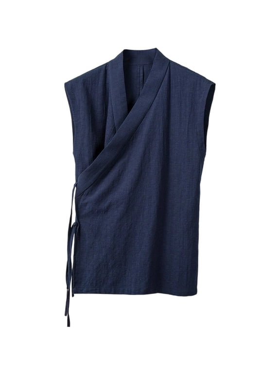 Cotton Linen Chinese Traditional Vest Vintage Sleeveless Cardigan for Men Blue L