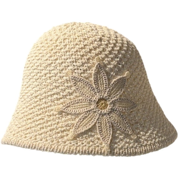 Byfri Crochet Bucket Hat Beige 54-59cm Breathable Knit Flower Sun Hat for Women Outdoor Travel