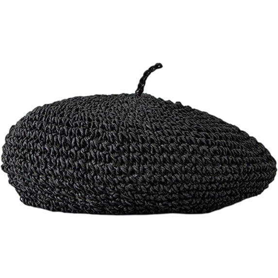 Byfri Crochet Straw Beret Hat French Artist Style Summer Hat for Women Daily Wear 54-58cm