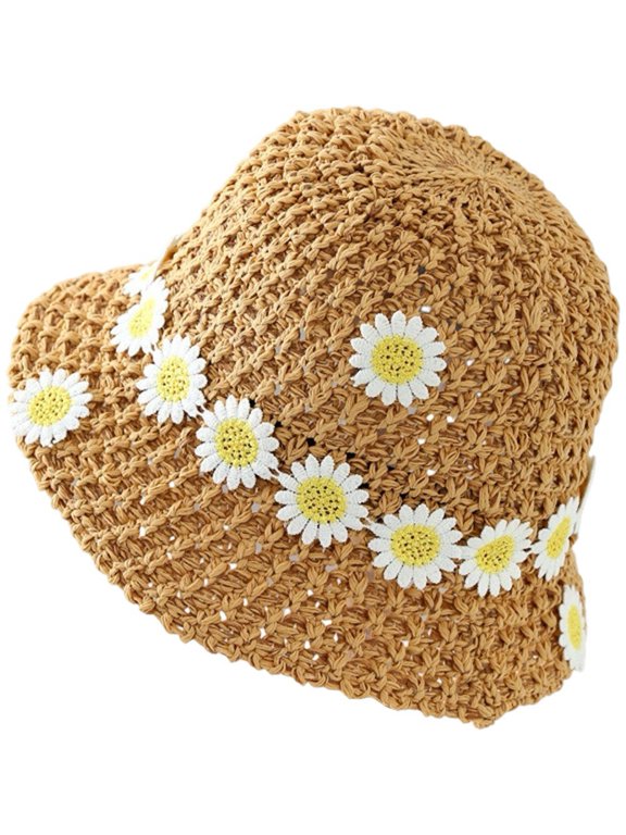 Daisy Embellished Straw Bucket Hat Floppy Sun Cap for Beach Tea Parties 56-58cm