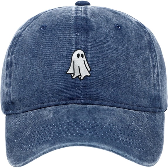 Byfri Dark Blue Halloween Ghost Embroidered Baseball Hat 56-62cm Adjustable Washed Cotton Dad Cap