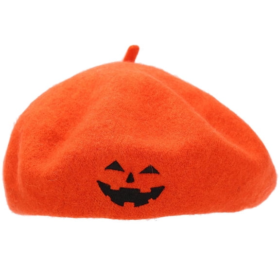 Byfri Embroidered Pumpkin Wool Beret, Women Halloween Party Beanie Cap, Orange, 56-58cm