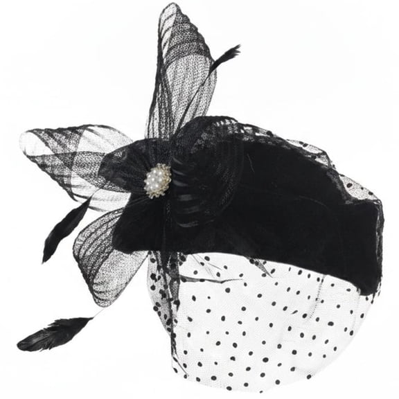 Byfri Feather Veil Fascinator Hat Black Polyester 22x20cm Elegant Pillbox Headwear for Wedding Tea Party