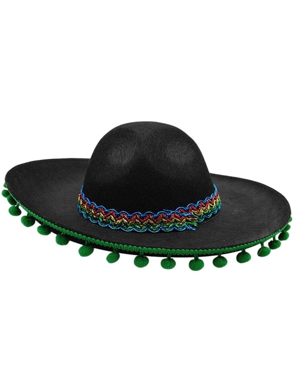 Felt Mexican Sombrero Hat Wide Brim Pom Pom Edging Black Green 58cm
