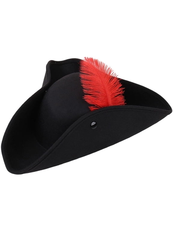 Felt Tricorn Pirate Feather Hat Red Accent Colonial Cap 31x27cm