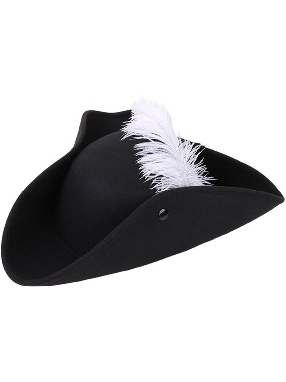 Felt Tricorn Pirate Feather Hat White Accent Colonial Cap 31x27cm