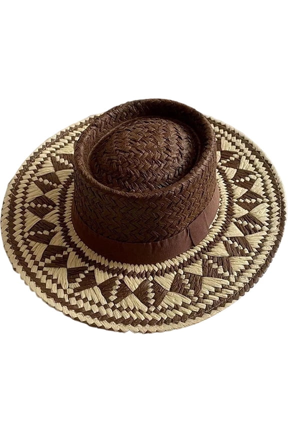 Flat Top Wide Brim Straw Panama Hat Foldable UPF Sun Hat for Beach Summer Wear 56-58cm