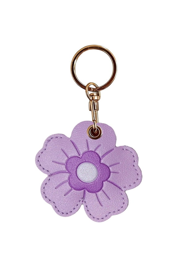 Flower Design PU Leather AirTag Case Keychain Tracker Protective Cover for Wallet Luggage 6.3x6.8cm Purple