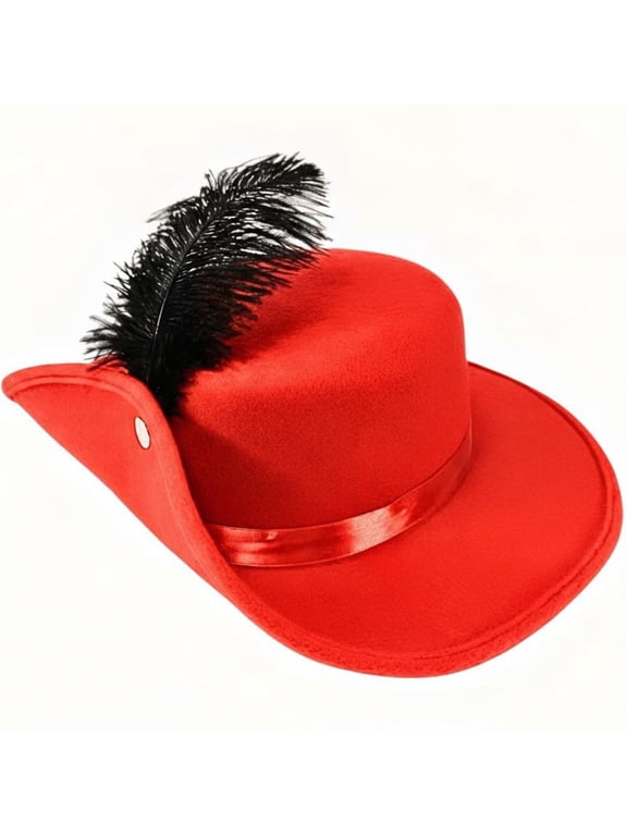 Gentleman Fedora Hat Red 58cm Classic Wide Brim with Feather for Formal Events