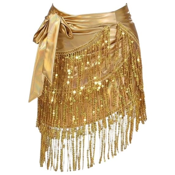 Byfri Gold Sequin Tassel Latin Dance Skirt, Sparkly Belly Dancing Wrap Costume for Performance, 100x54cm