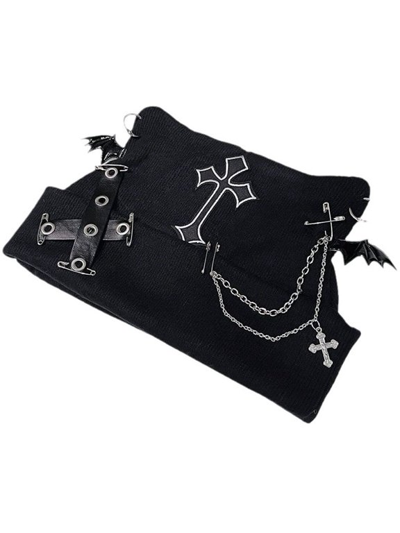 Goth Cat Ear Knit Beanie Hat Black 55-60cm Chain Skull Cap for Women Winter