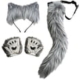thumbnail image 1 of Byfri Grey Wolf Plush Ears Tail Gloves Set, Fluffy Animal Accessory for Festive Themed Parties, Grey One Size, 1 of 7