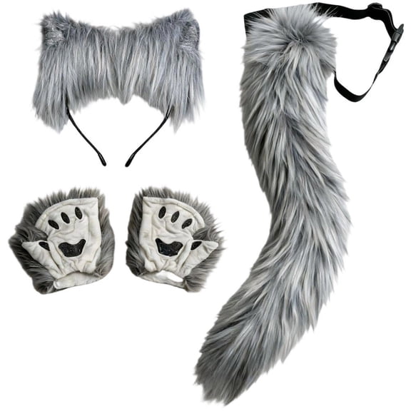Byfri Grey Wolf Plush Ears Tail Gloves Set, Fluffy Animal Accessory for Festive Themed Parties, Grey One Size
