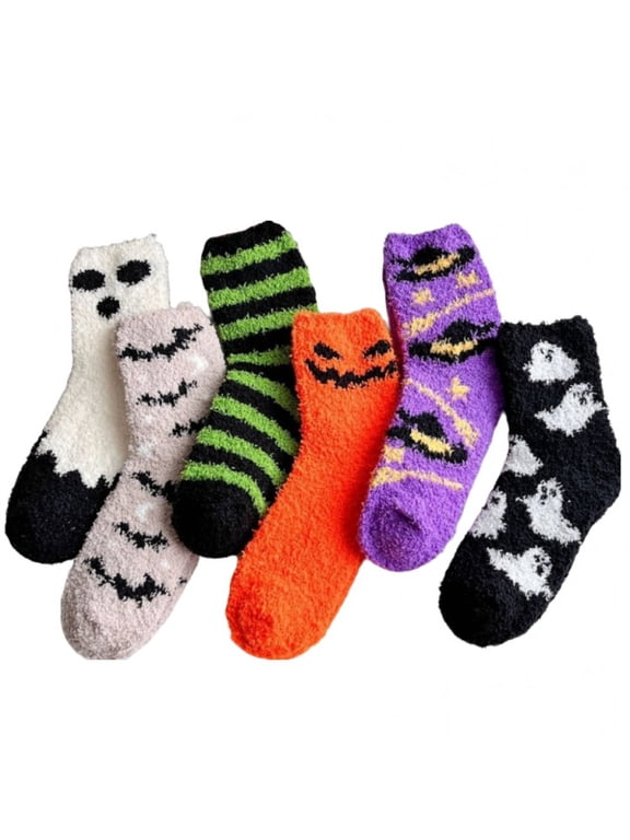 Halloween Fuzzy Fleece Crew Socks Spooky Ghost Bat Pattern 6 Pairs