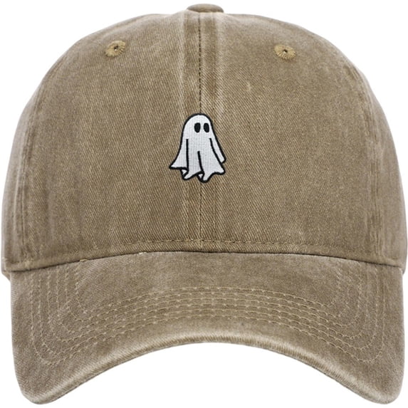 Byfri Khaki Halloween Ghost Embroidered Baseball Hat 56-62cm Adjustable Washed Cotton Dad Cap