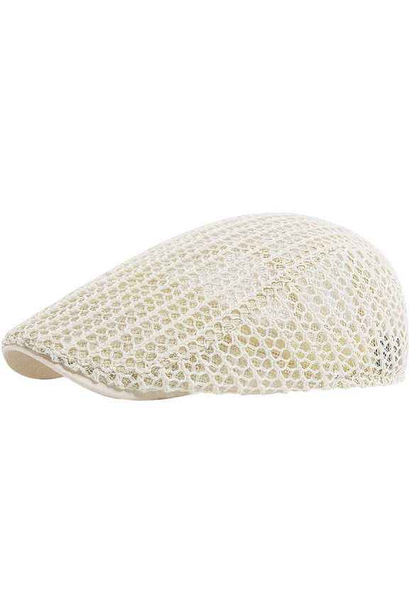Knitted Mesh Newsboy Cap Breathable Vintage Flat Cap for Golf Fishing White 55-59cm