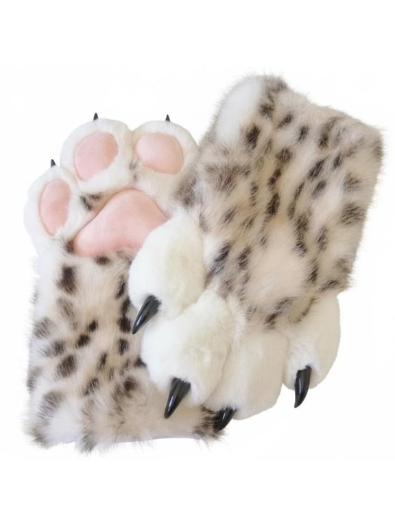 Leopard Print Furry Gloves with Pink Pads 32cm Warm Plush Mittens for Winter Festive Events