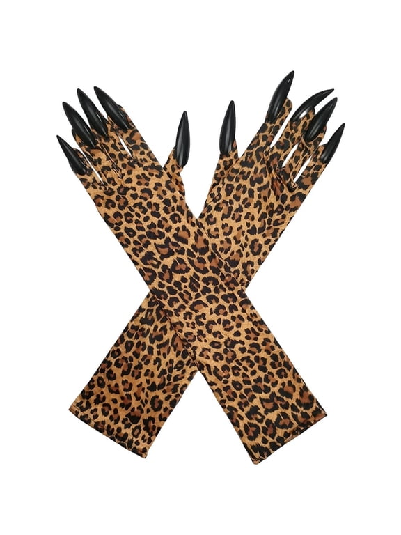 Leopard Print Long Nail Animal Claw Gloves, Themed Party Handwear for Adults, Brown 9x43cm