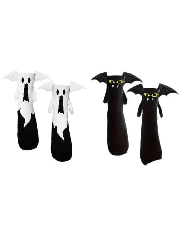 Magnetic Hand Holding Novelty Socks Bat Ghost Halloween Pattern 2 Pairs