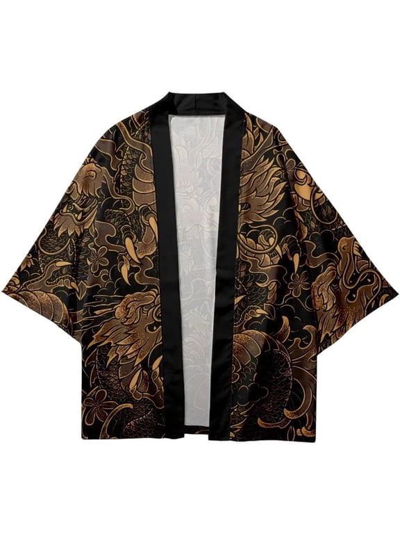 Men's Dragon Print Kimono Cardigan Jacket 3/4 Sleeve Casual Haori Top