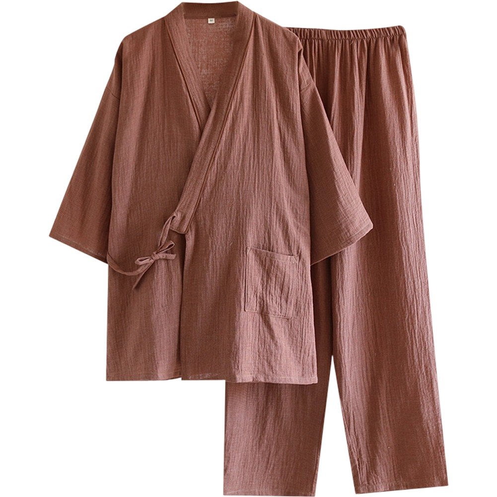 Byfri Mens Cotton Gauze Pajamas Set V Neck Wrap Loungewear Dark Red ...