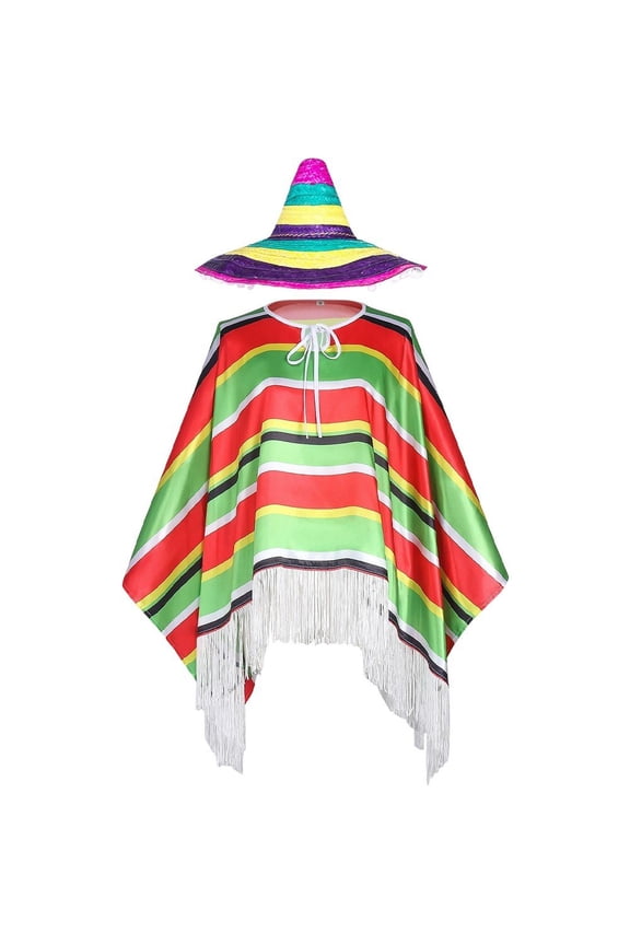 Mexican Striped Cloak and Hat Set, Traditional Festival Outfit for Adults Themed Celebrations, Red Green XL