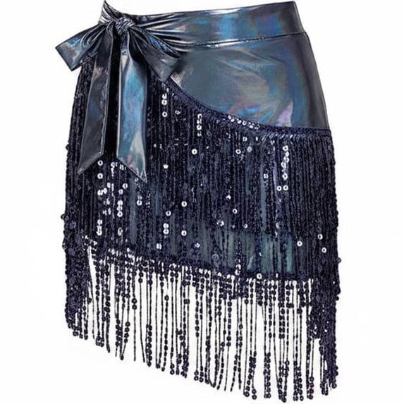 Byfri Mineral Blue Sequin Tassel Latin Dance Skirt, Sparkly Belly Dancing Wrap Costume for Performance, 100x54cm