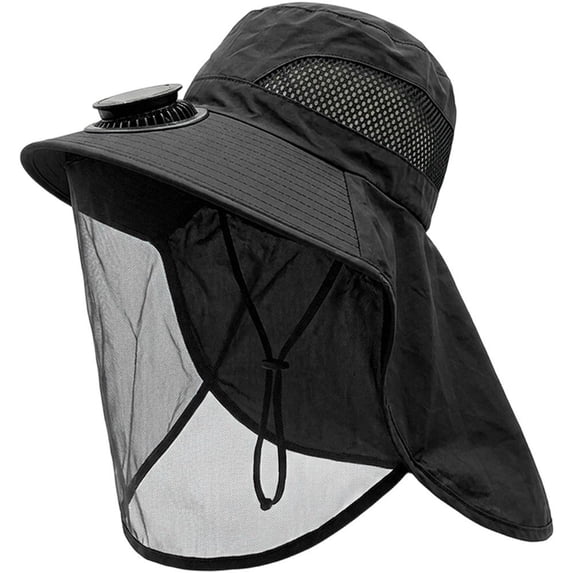 Byfri Mosquito Net Sun Hat with Solar Fan Wide Brim Fishing Hat for Outdoor Camping Dark 58-60cm