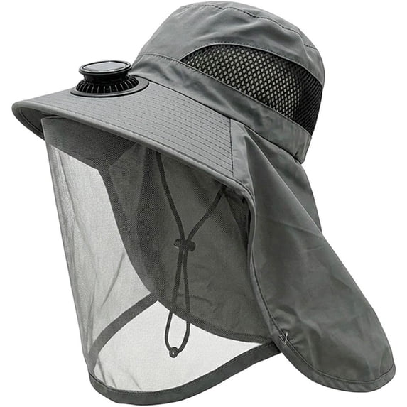 Byfri Mosquito Net Sun Hat with Solar Fan Wide Brim Fishing Hat for Outdoor Camping Dark Gray 58-60cm