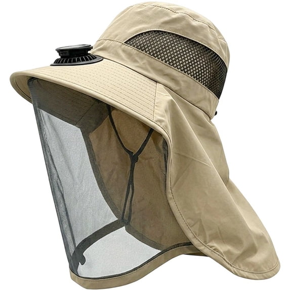 Byfri Mosquito Net Sun Hat with Solar Fan Wide Brim Fishing Hat for Outdoor Camping Khaki 58-60cm
