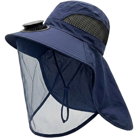 Byfri Mosquito Net Sun Hat with Solar Fan Wide Brim Fishing Hat for Outdoor Camping Navy 58-60cm